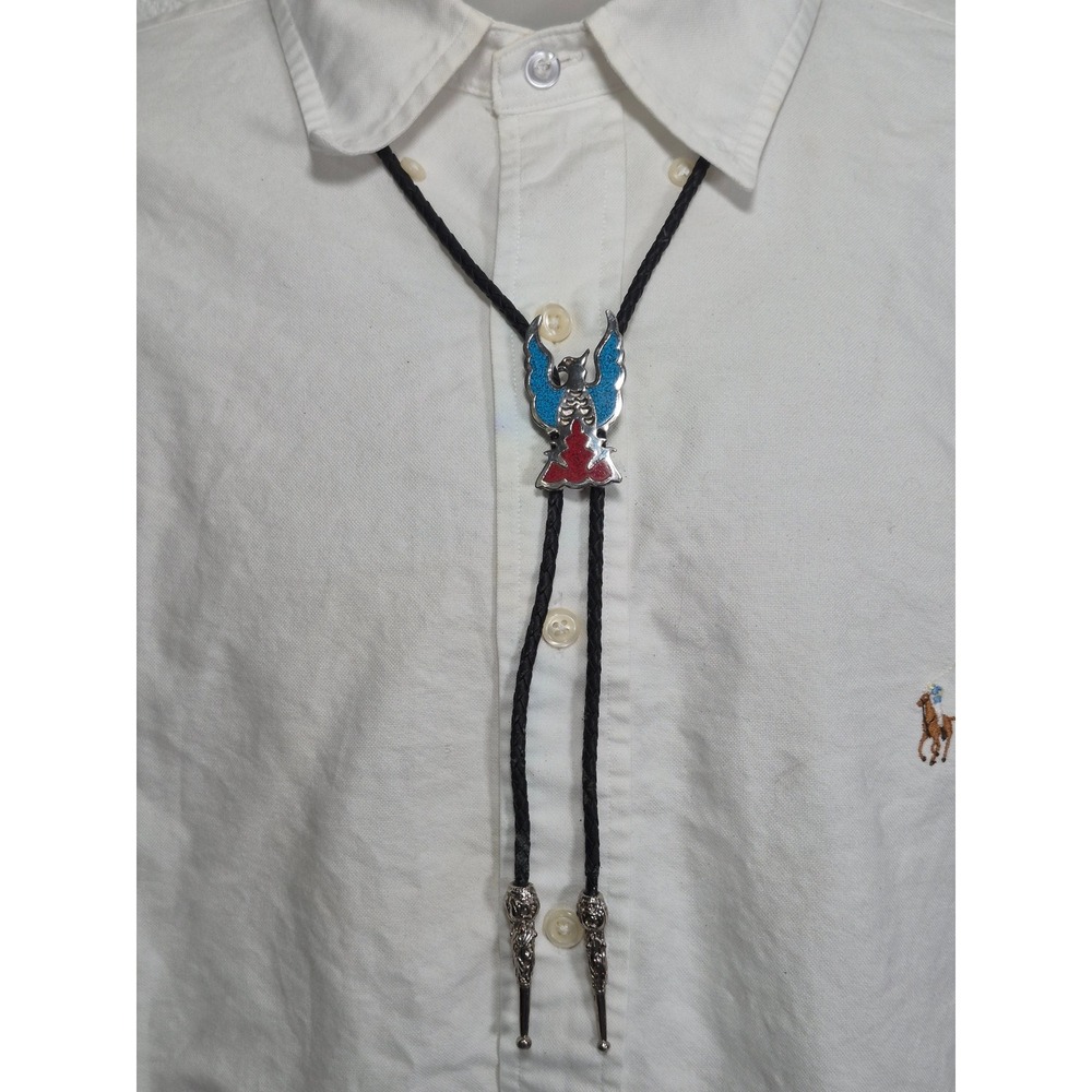 Vintage SSI Thunderbird Bolo Tie Crushed Turquoise Red Inlay Southwestern Wear